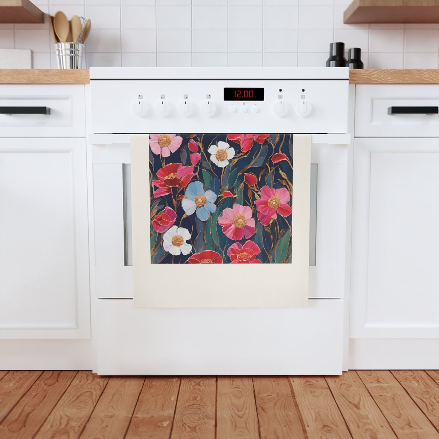 Red and Pink Poppies on Indigo, Cotton Tea Towel