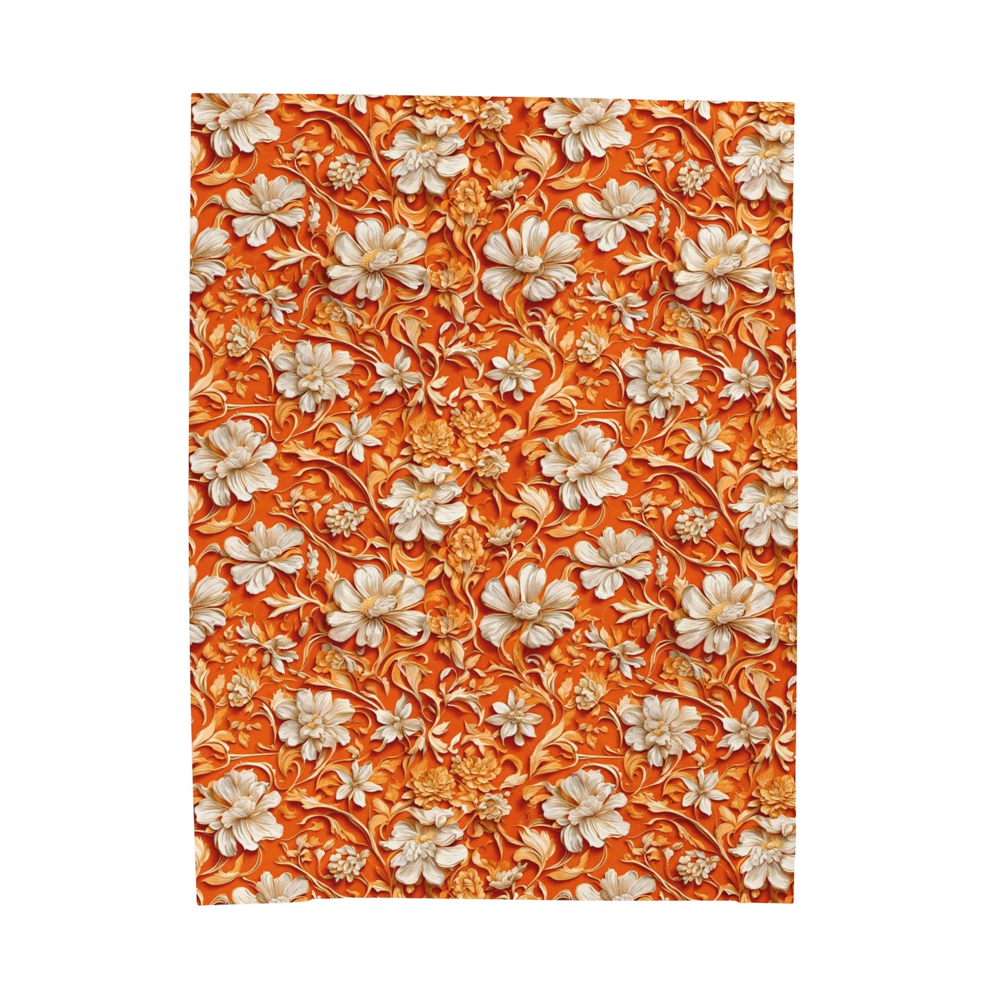 White Flowers on Apricot Velveteen Plush Blanket