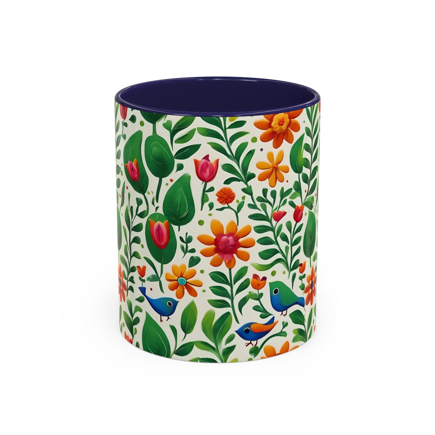 Bright Garden Birds, Leaves and Flowers Coffee Mug, 11oz