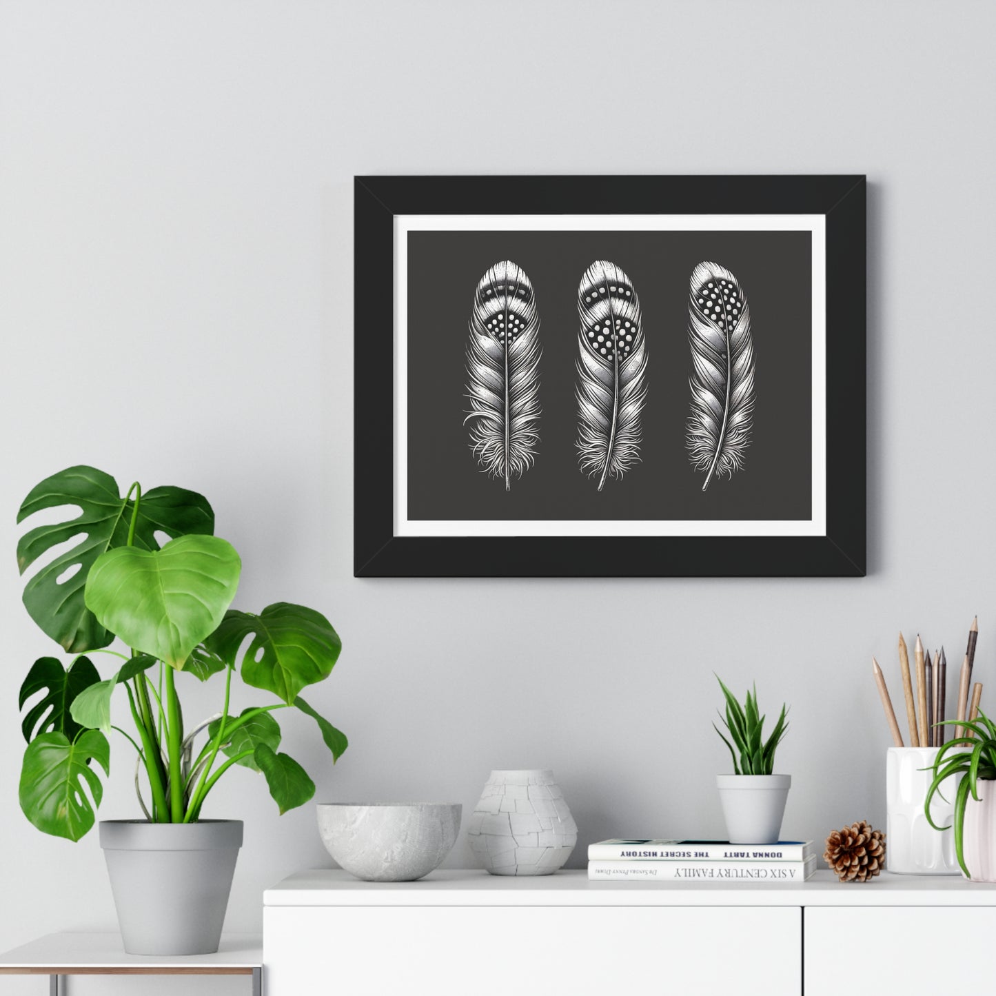 Black and White Speckled Feathers, Framed Horizontal Poster