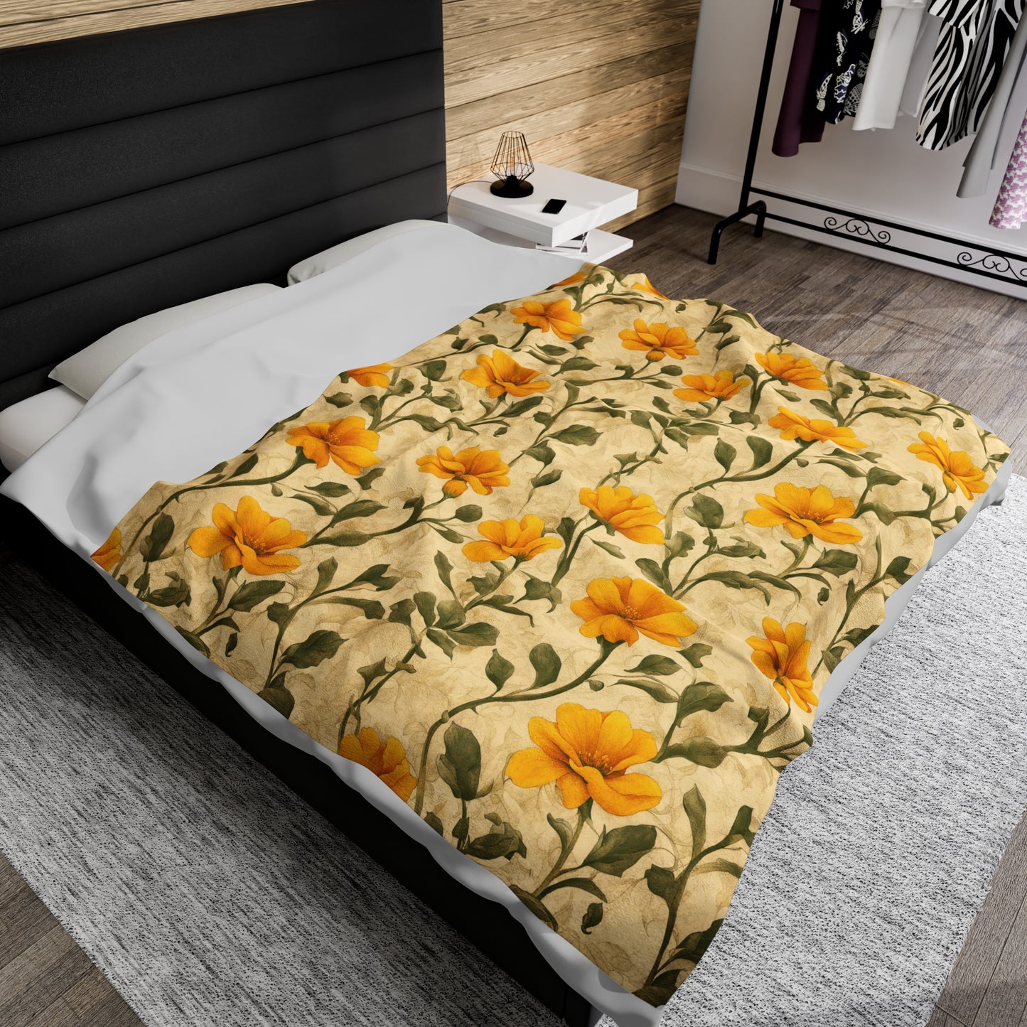 Gold Flowers Velveteen Plush Blanket