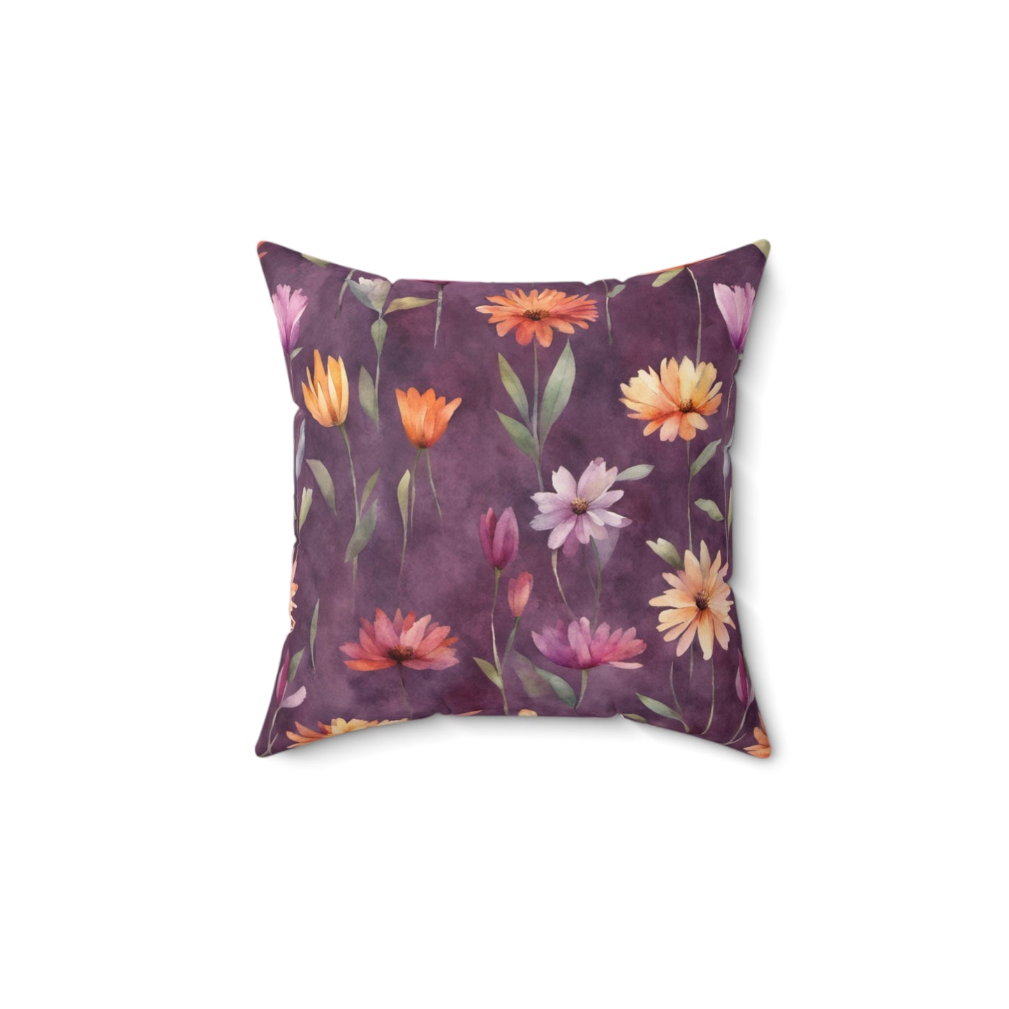 Wild Flowers on Plum Polyester Square Pillow