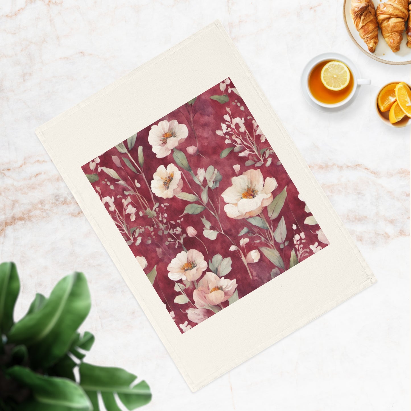 White Roses on Plum Red Cotton Tea Towel