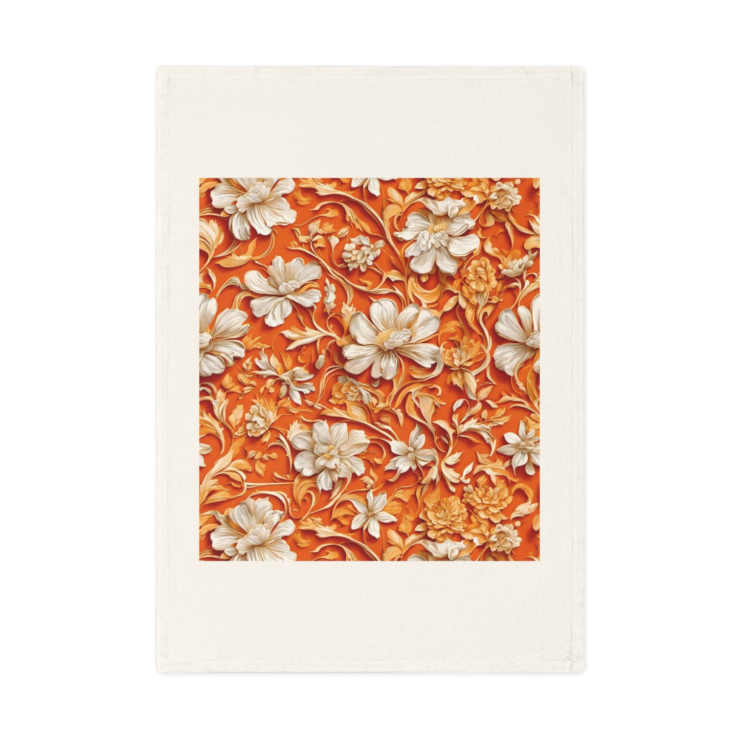 White Flowers on Apricot Cotton Tea Towel