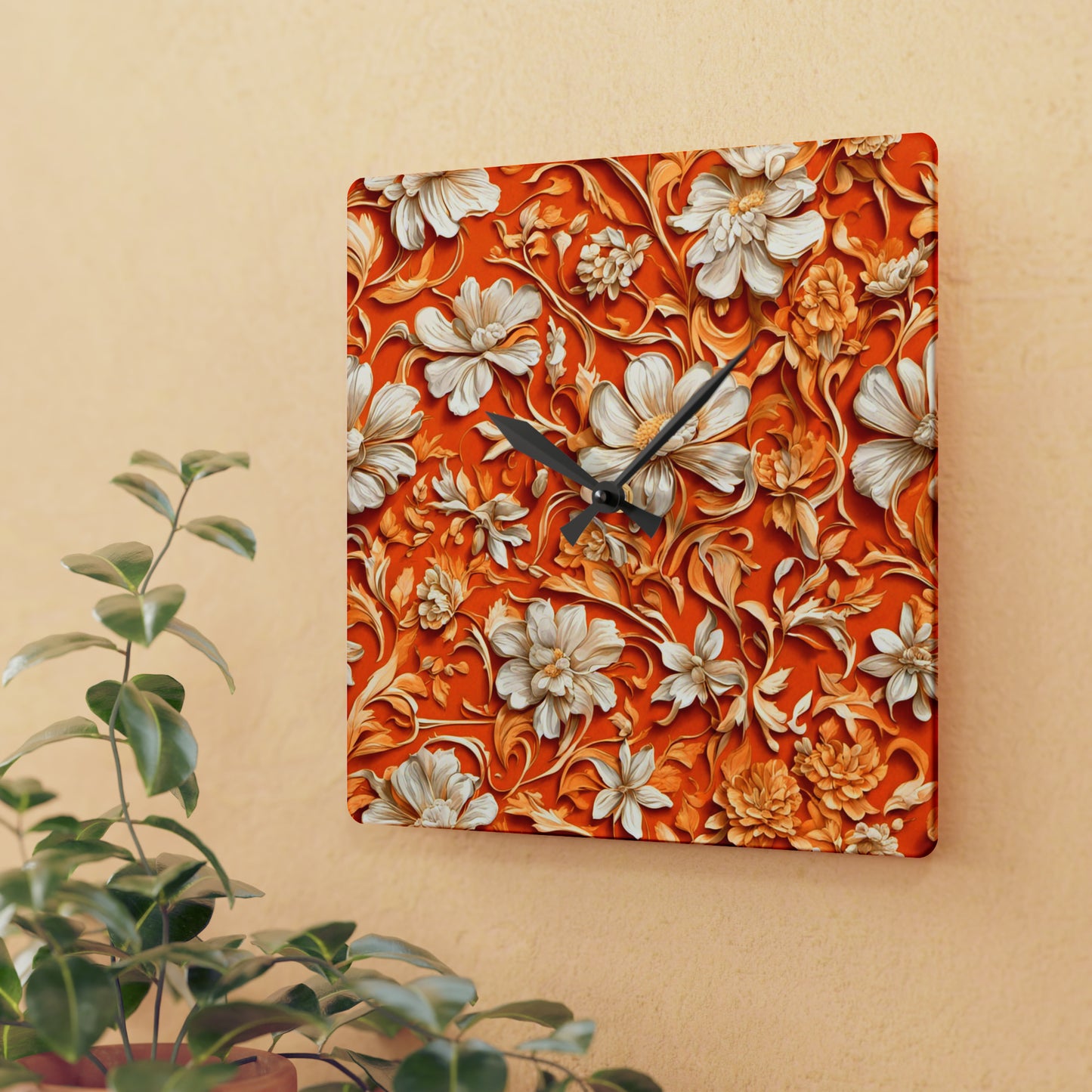 White Flowers on Apricot Acrylic Wall Clock