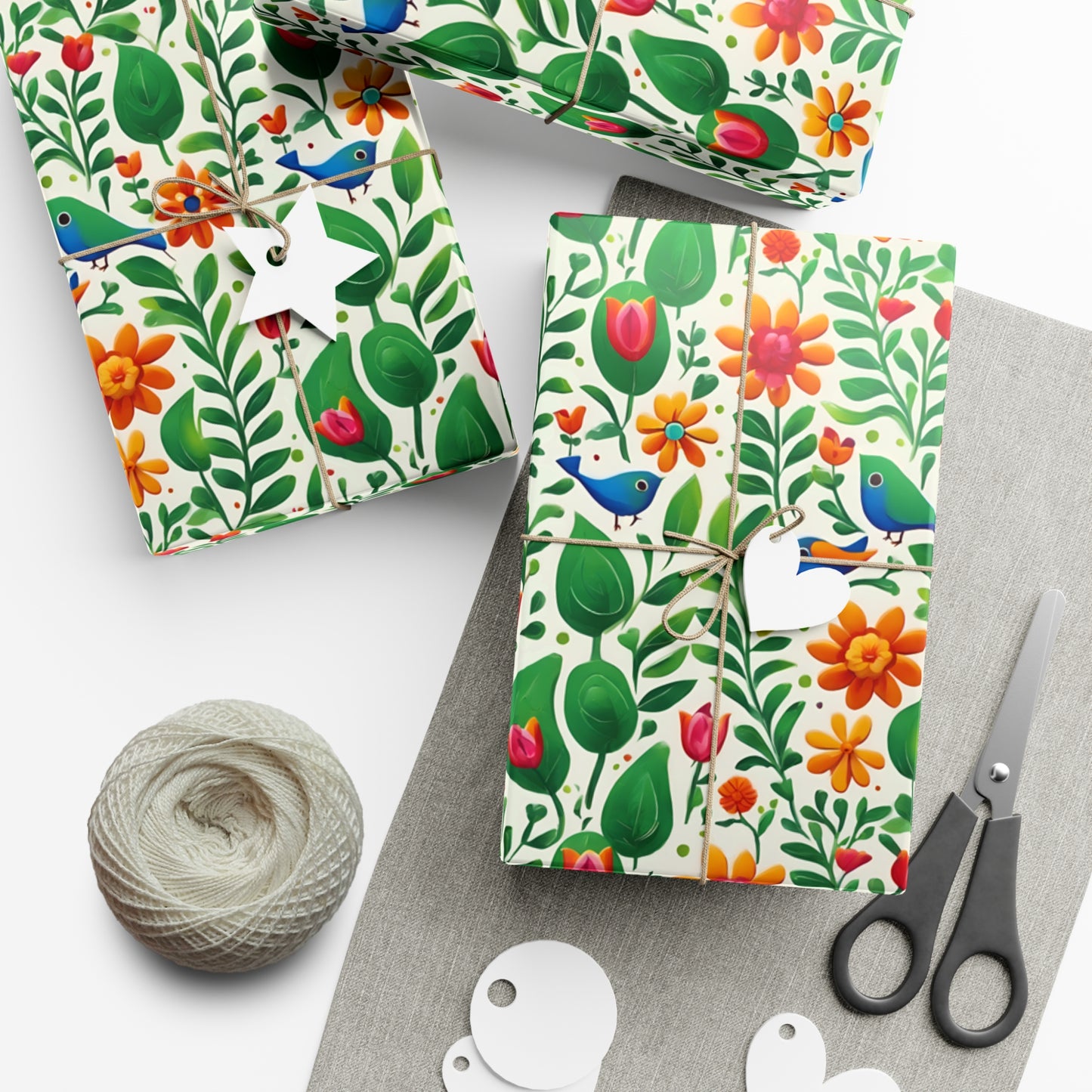 Bright Garden Birds, Leaves and Flowers Gift Wrap Papers