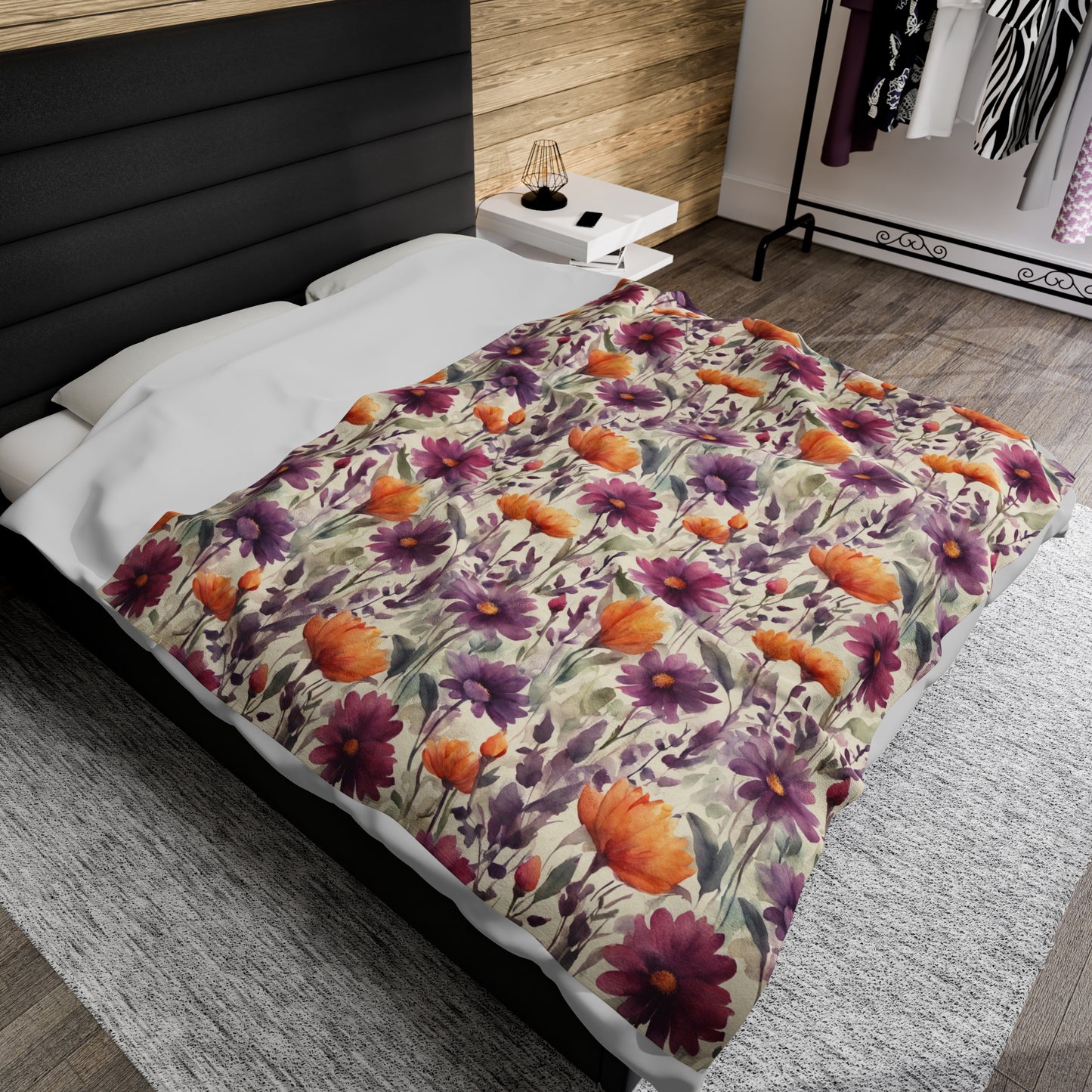 Plum and Apricot Wildflowers Velveteen Plush Blanket