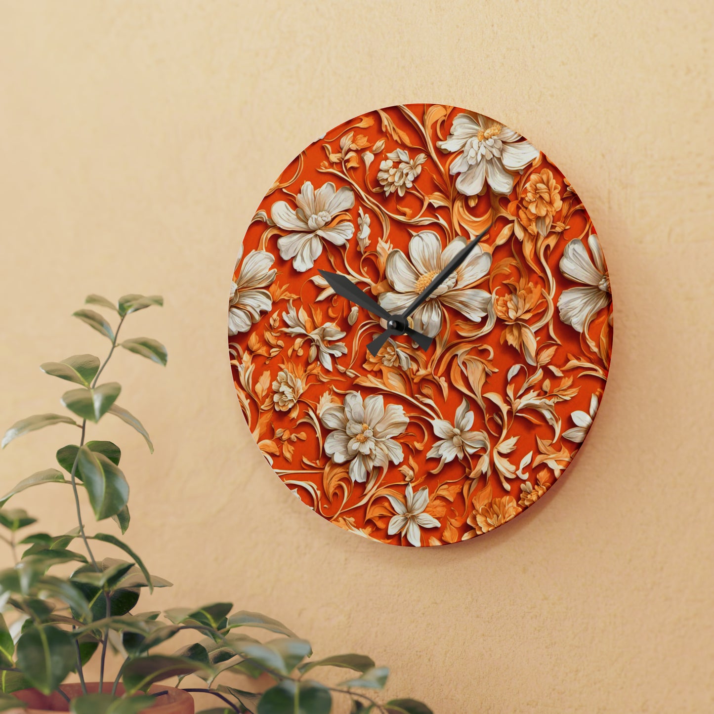 White Flowers on Apricot Acrylic Wall Clock