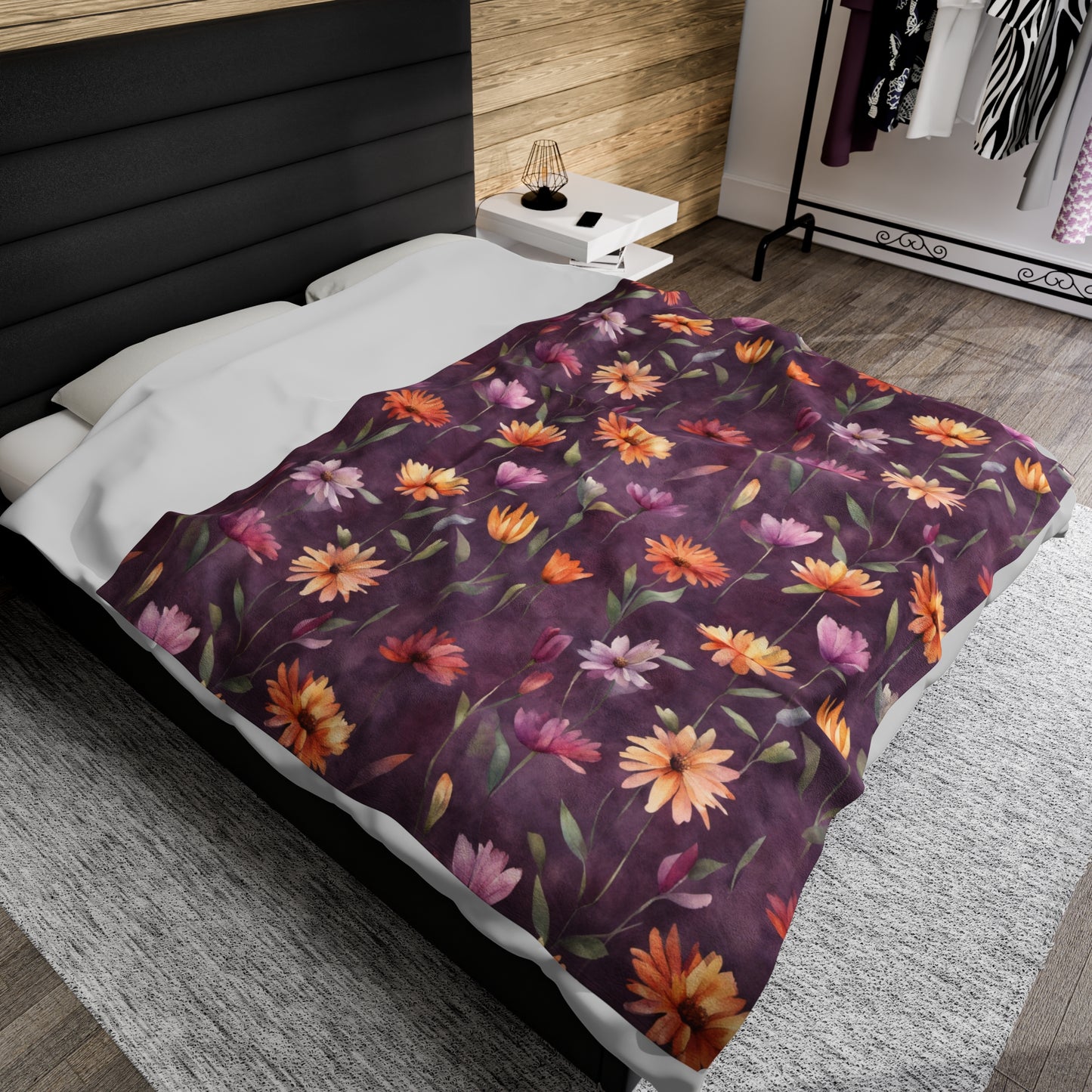 Wild Flowers on Plum Velveteen Plush Blanket