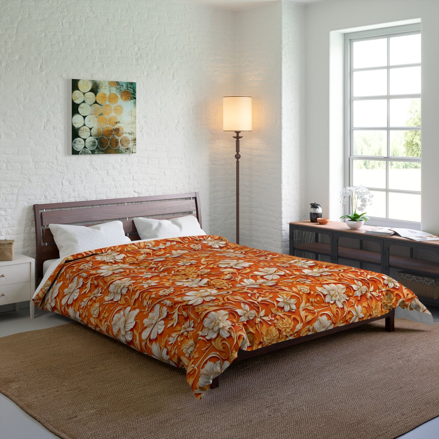 White Flowers on Apricot Comforter