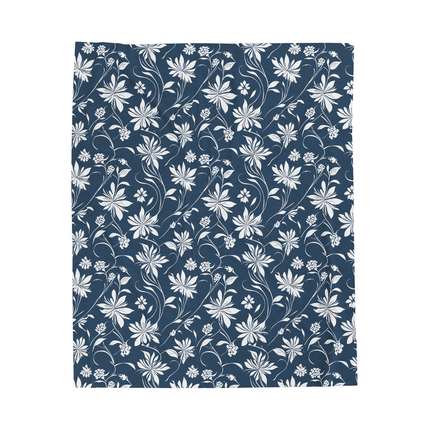 Simple White Flower on Indigo Pattern Velveteen Plush Blanket