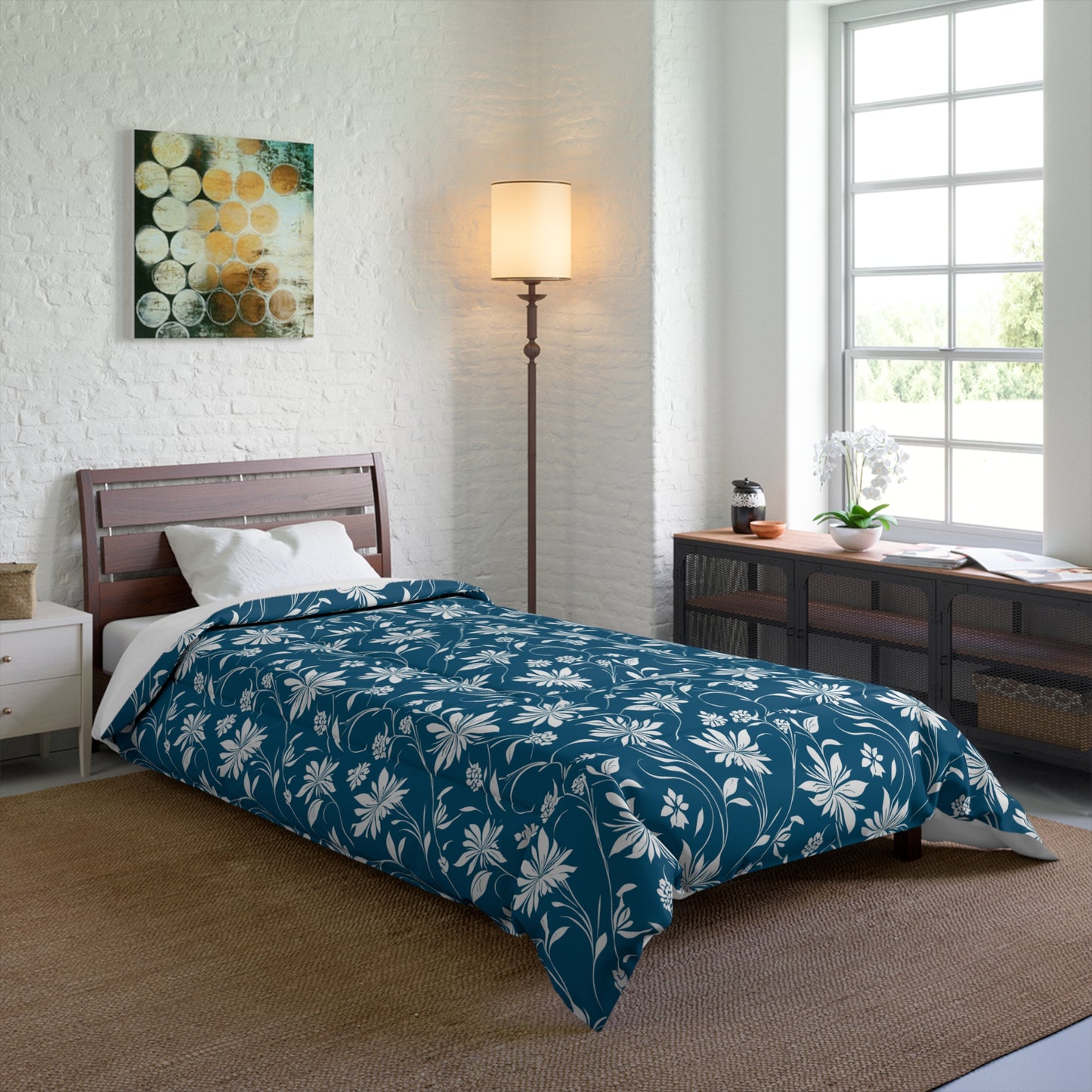 Simple White Flower on Dark Teal Pattern Comforter