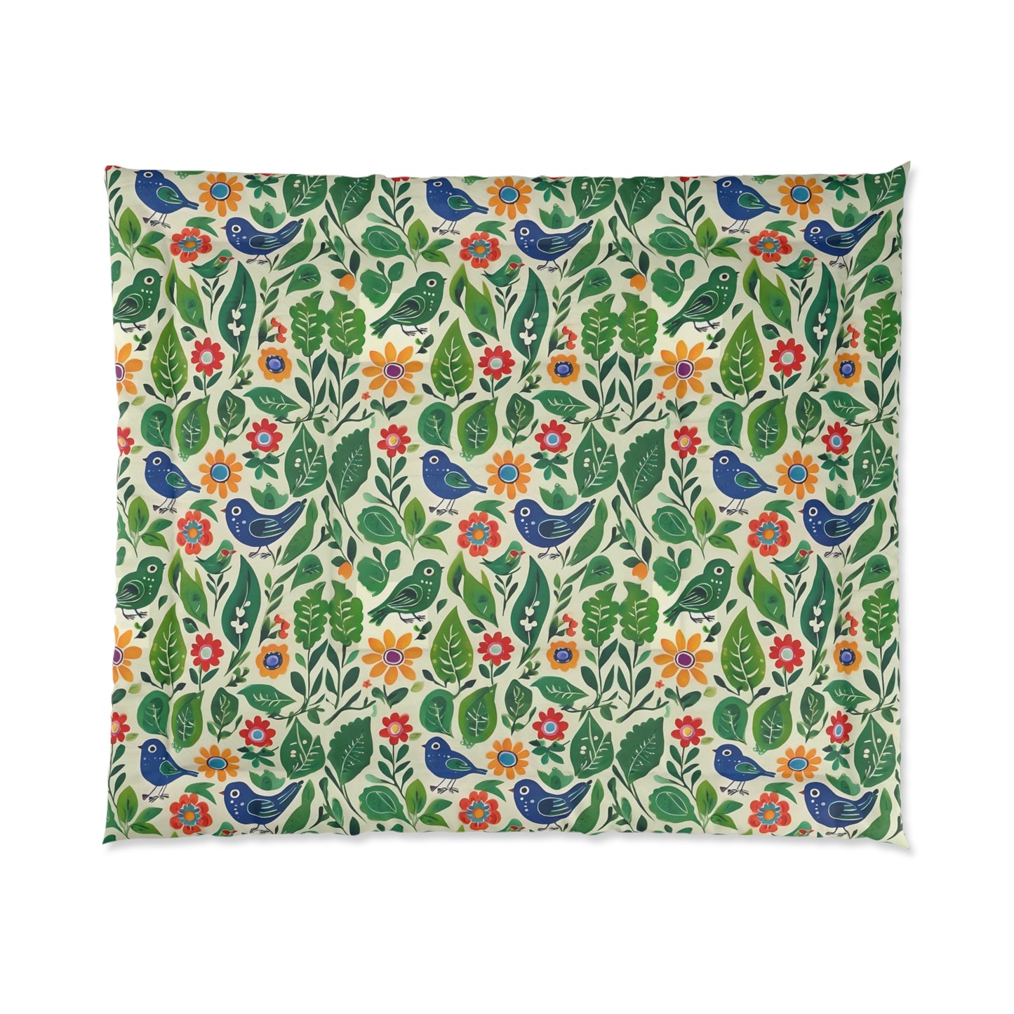 Bright Birds, Bright Green Leaves, Bright Flowers, Folk Art Comforter