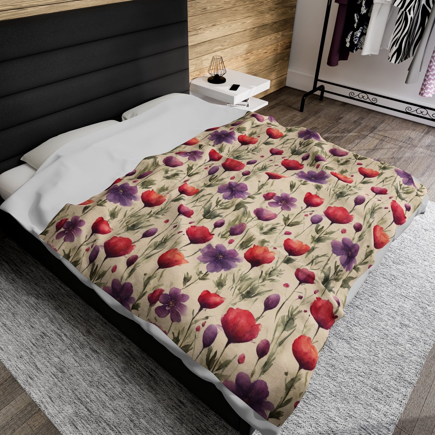 Poppies and Plum Flowers Velveteen Plush Blanket