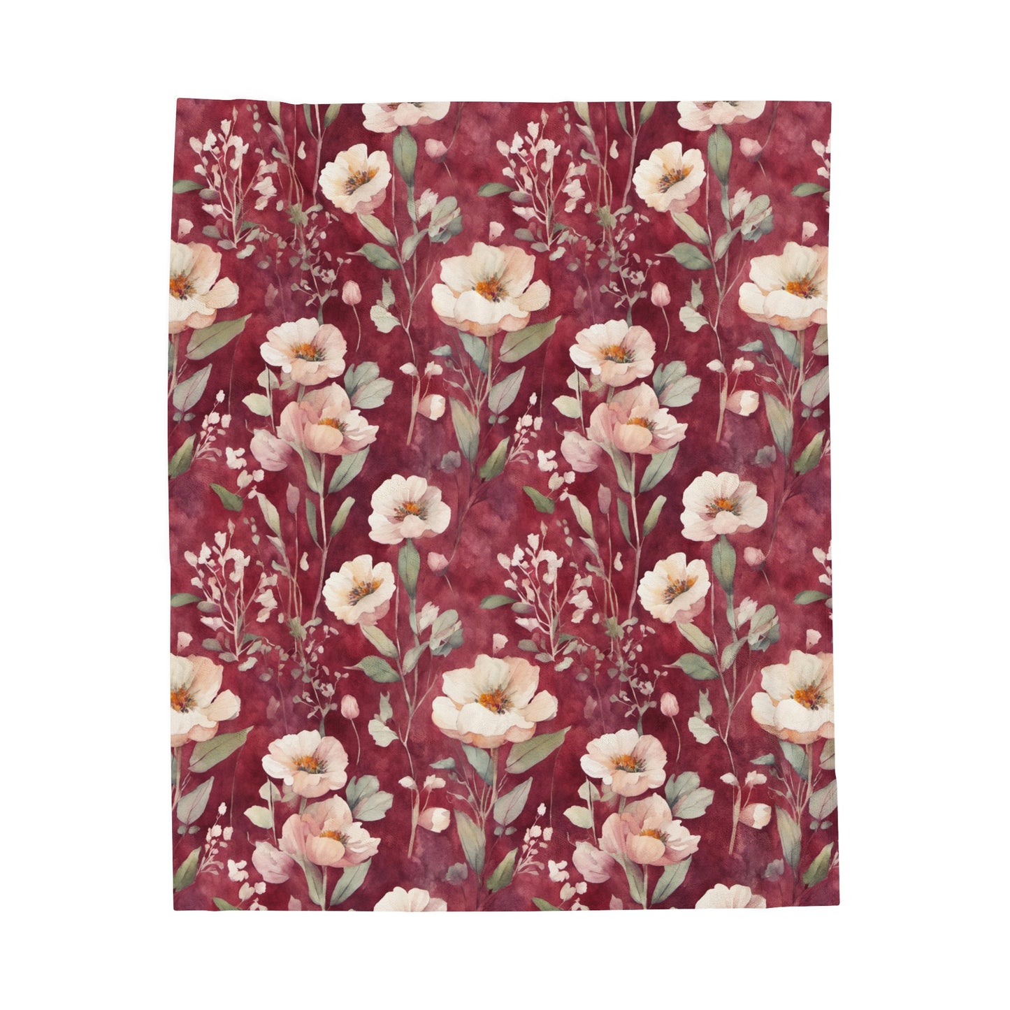 White Roses on Plum Red Velveteen Plush Blanket