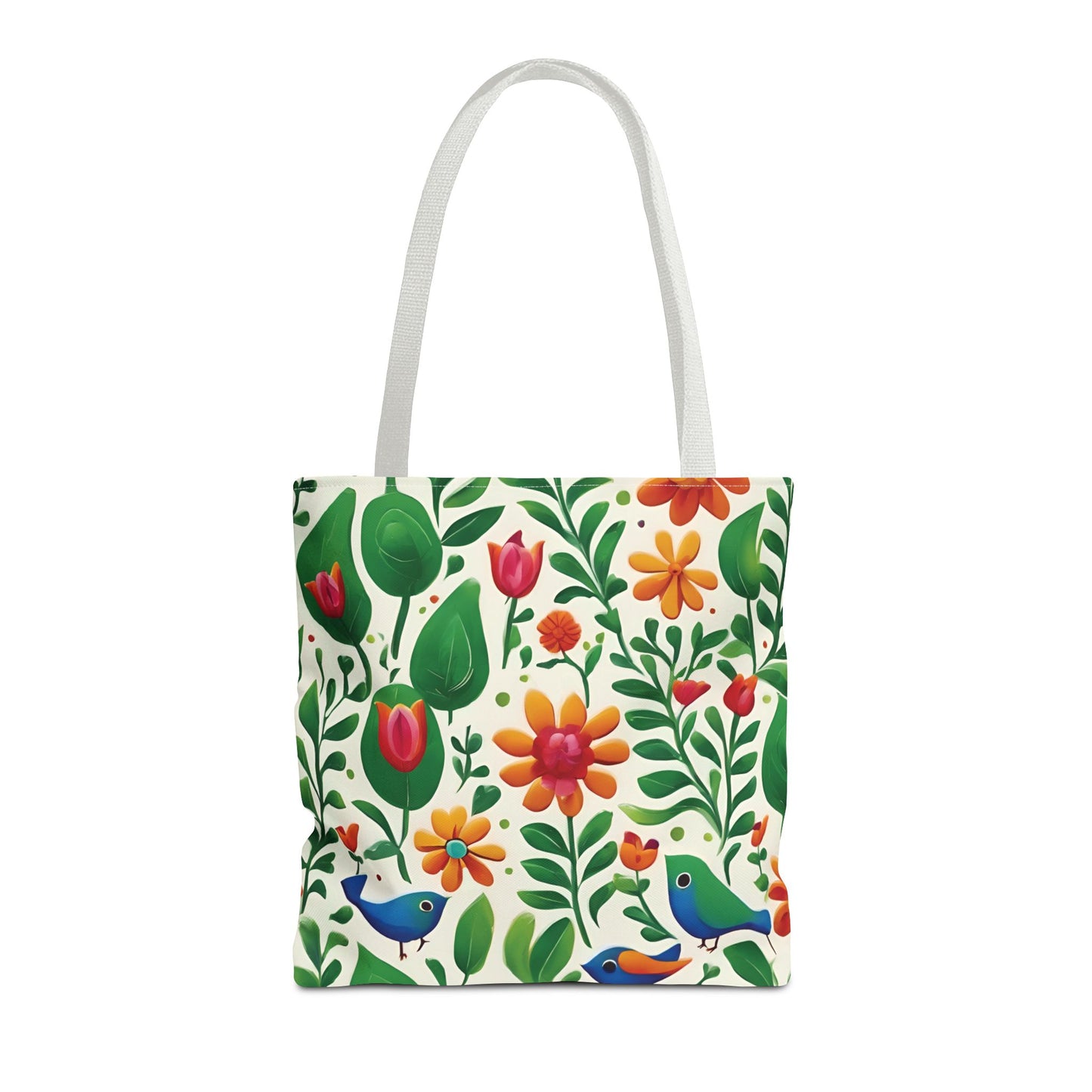 Bright Garden Birds, Leaves and Flowers Tote Bag (AOP)