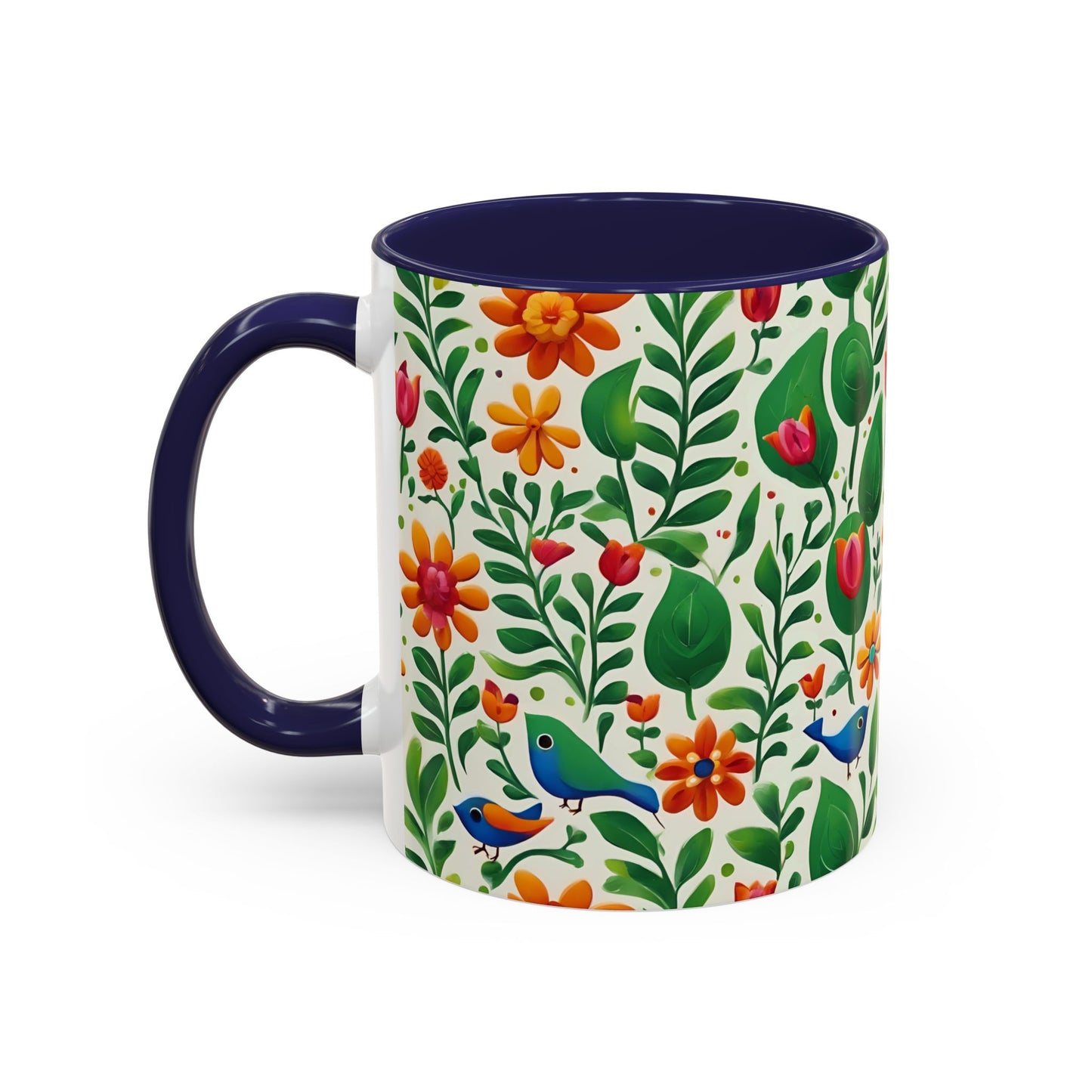 Bright Garden Birds, Leaves and Flowers Coffee Mug, 11oz