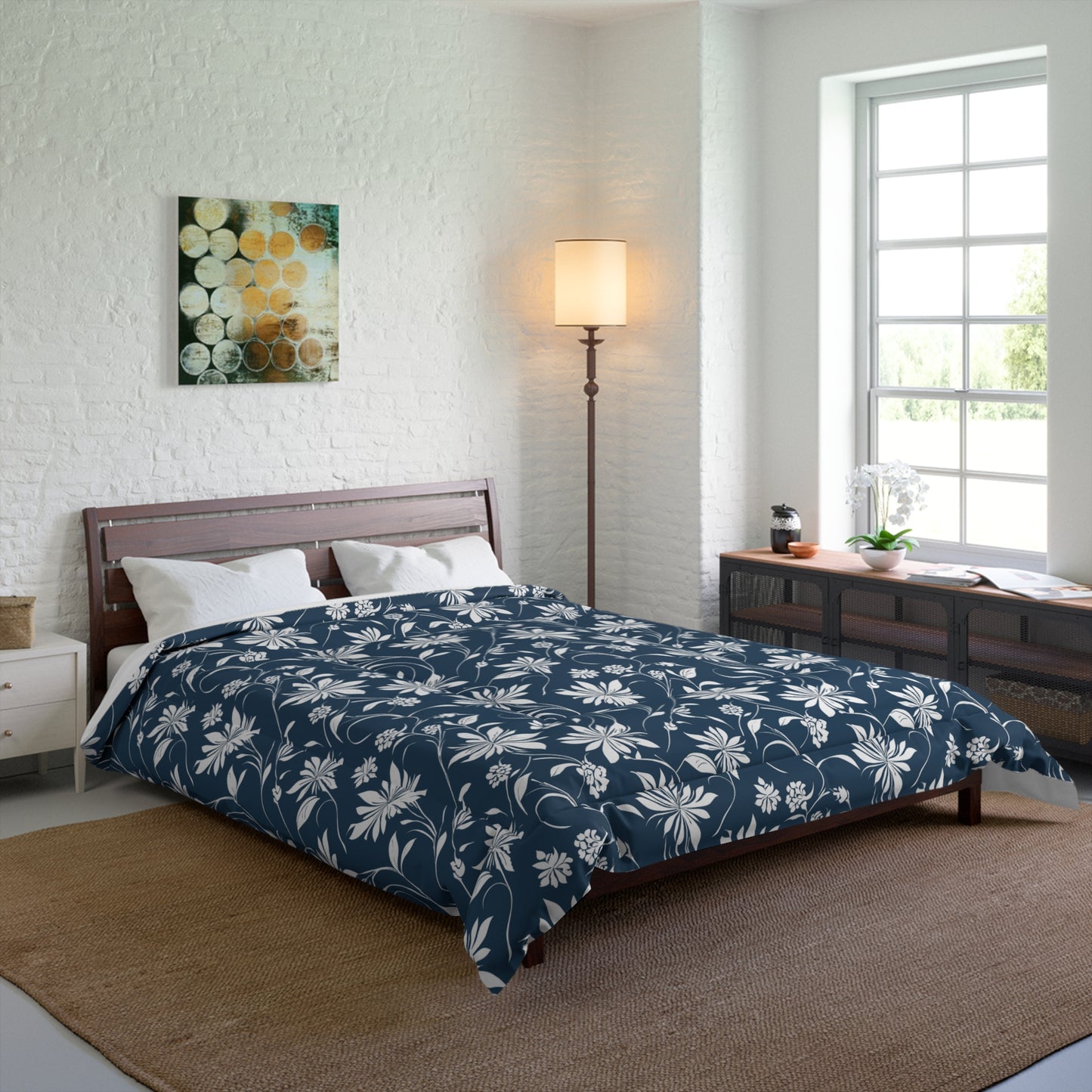 Simple White Flower on Indigo Pattern Comforter