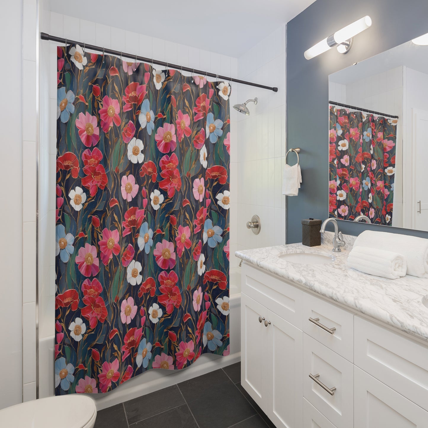 Red and Pink Poppies on Indigo, Shower Curtains.