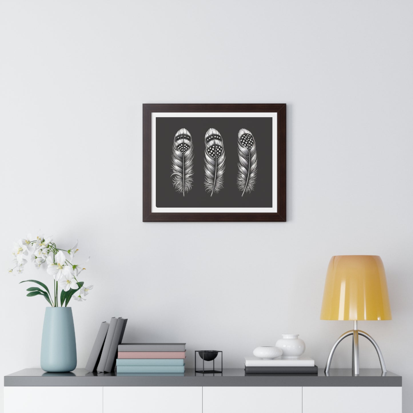 Black and White Speckled Feathers, Framed Horizontal Poster