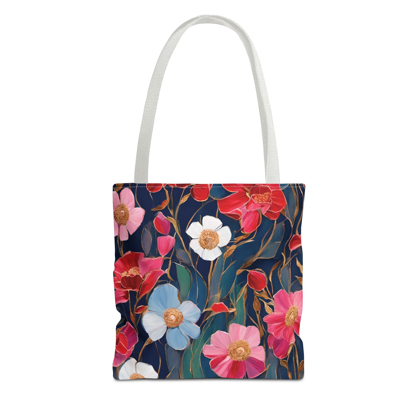 Red and Pink Poppies on Indigo, Tote Bag (AOP)