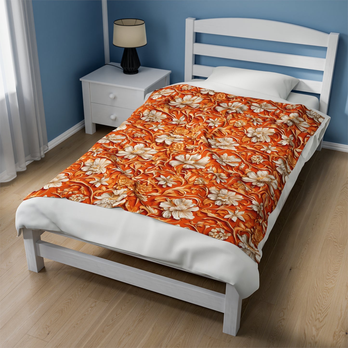 White Flowers on Apricot Velveteen Plush Blanket