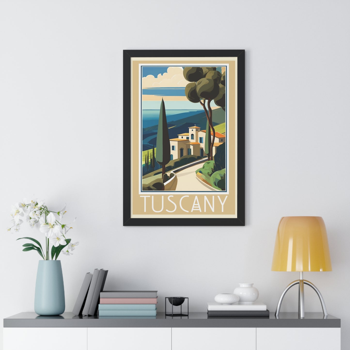 Tuscany Hillside, Italy Travel Poster, Art-Deco, Framed Vertical Poster