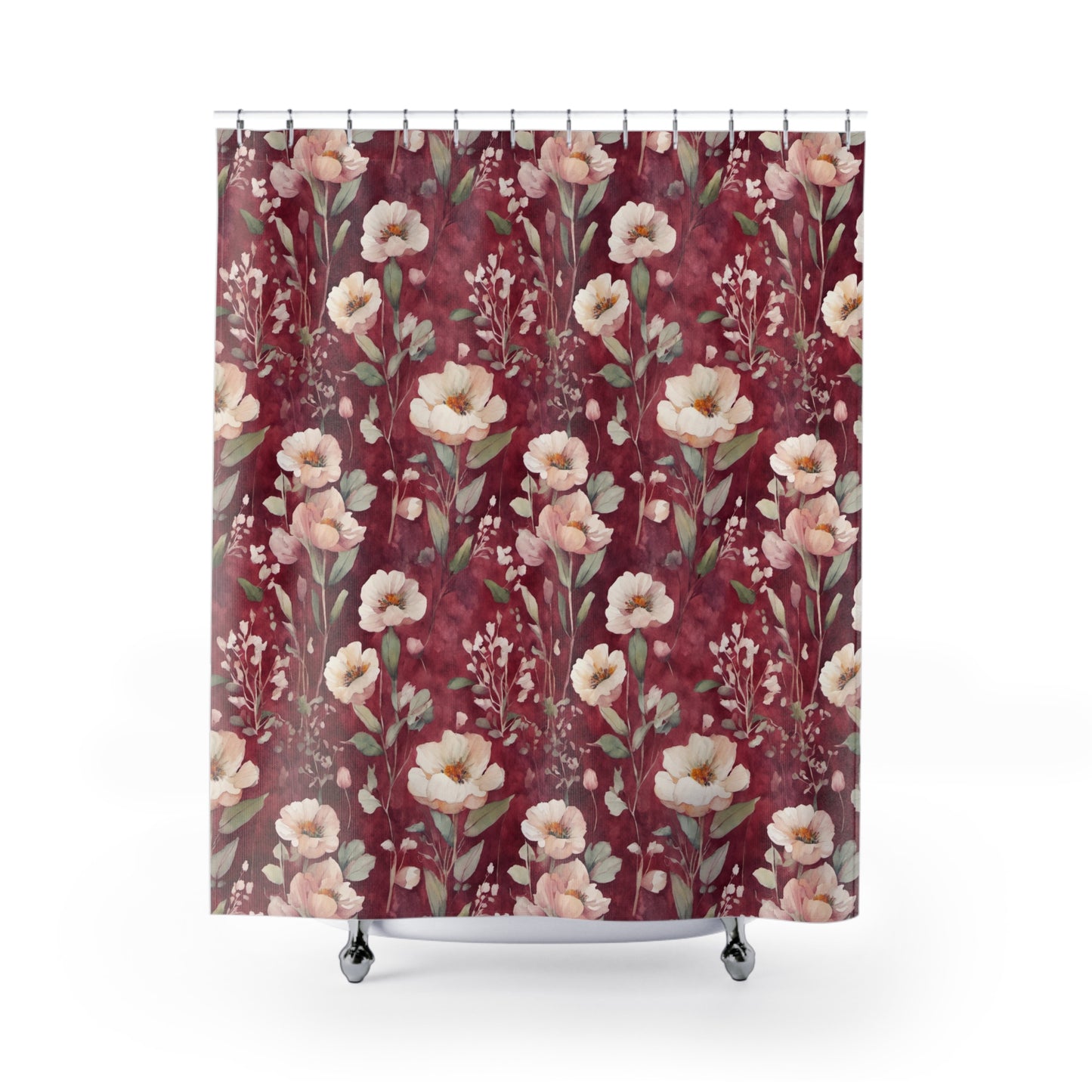 White Roses on Plum Red Shower Curtains