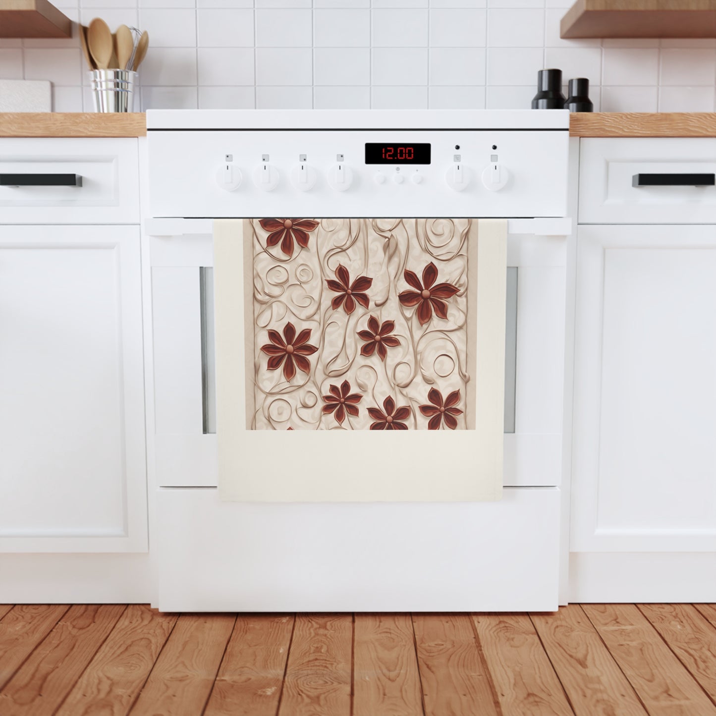 Little Russet Flowers on Cream, Cotton Tea Towel