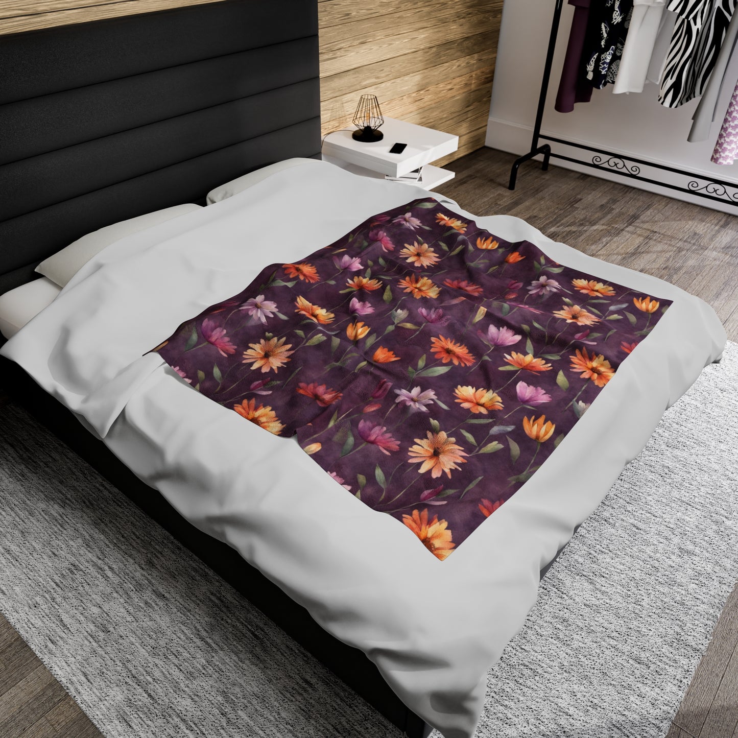 Wild Flowers on Plum Velveteen Plush Blanket