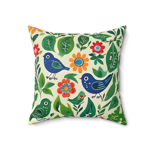 Bright Birds, Bright Green Leaves, Bright Flowers, Folk Art Polyester Square Pillow