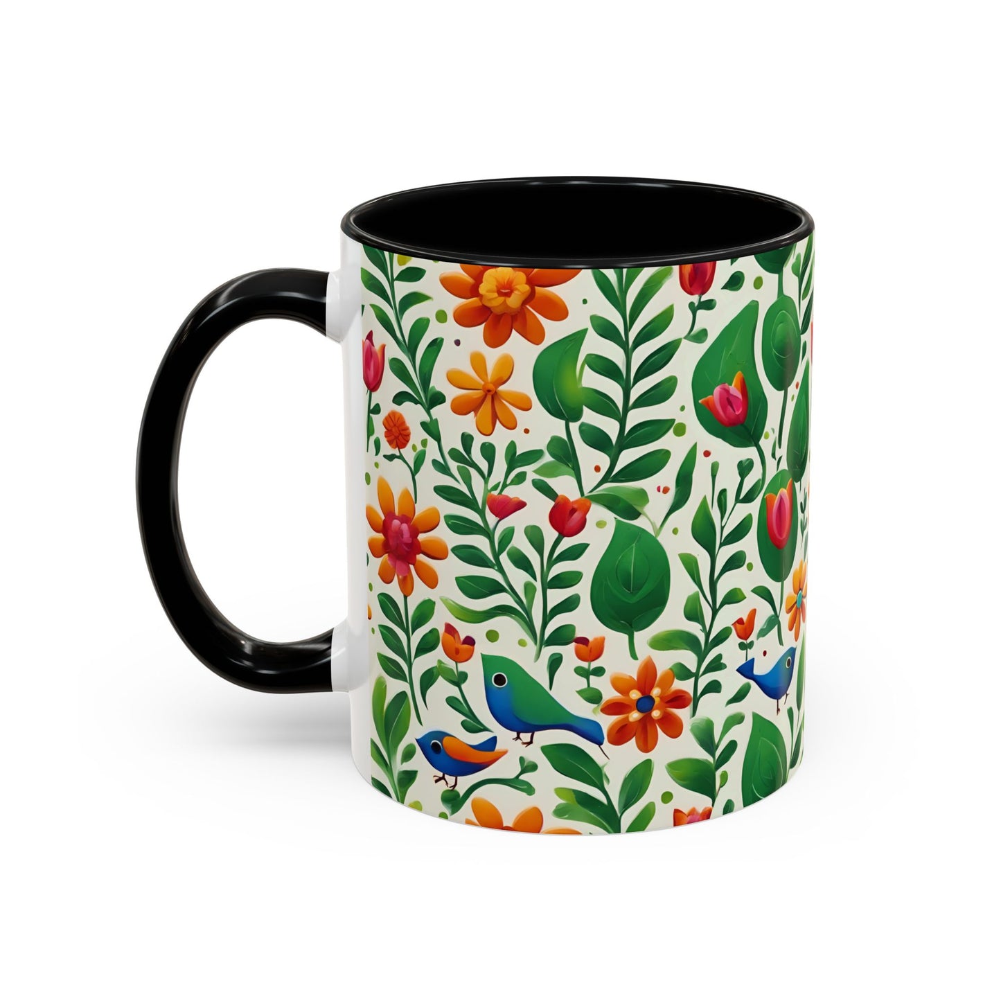 Bright Garden Birds, Leaves and Flowers Coffee Mug, 11oz