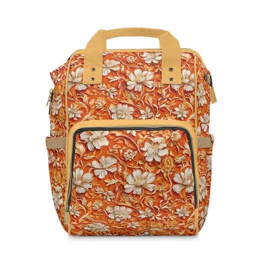 White Flowers on Apricot Multifunctional Diaper Backpack