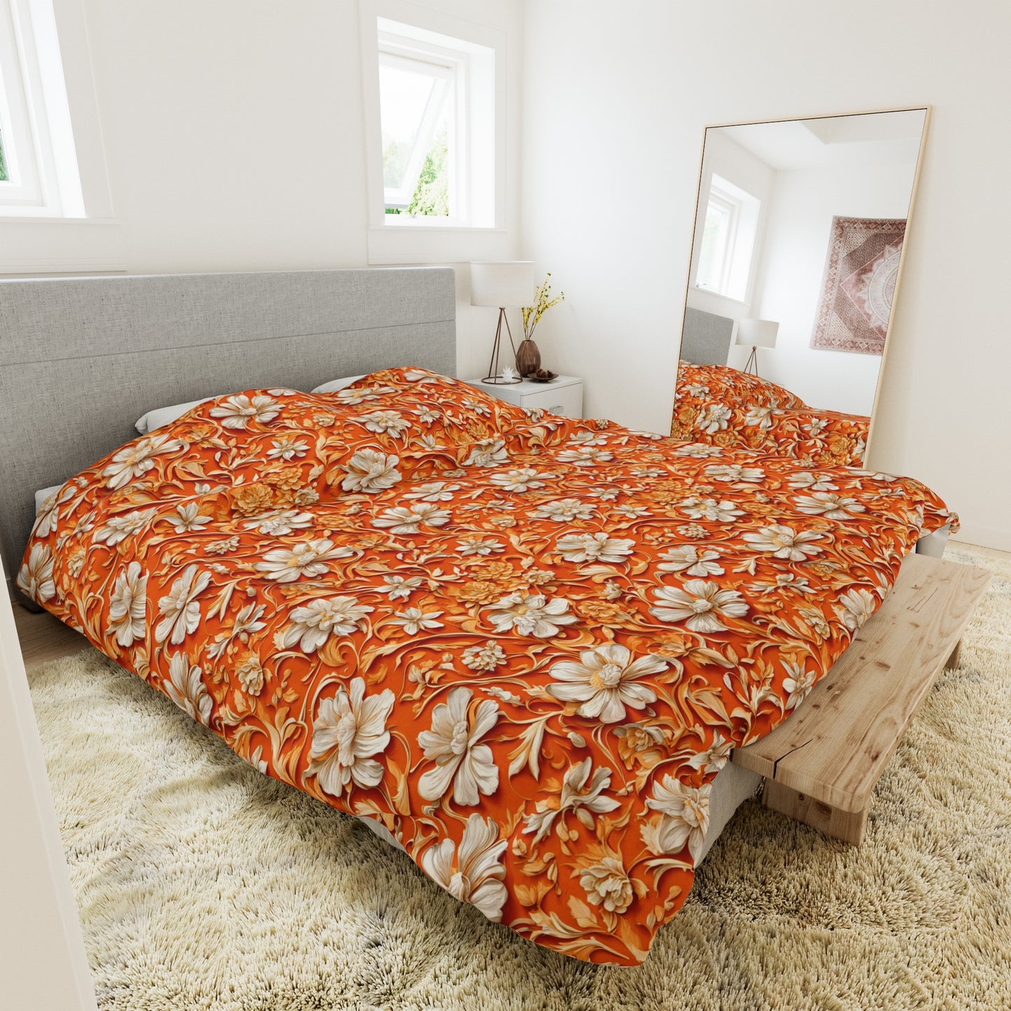 White Flowers on Apricot Duvet Cover