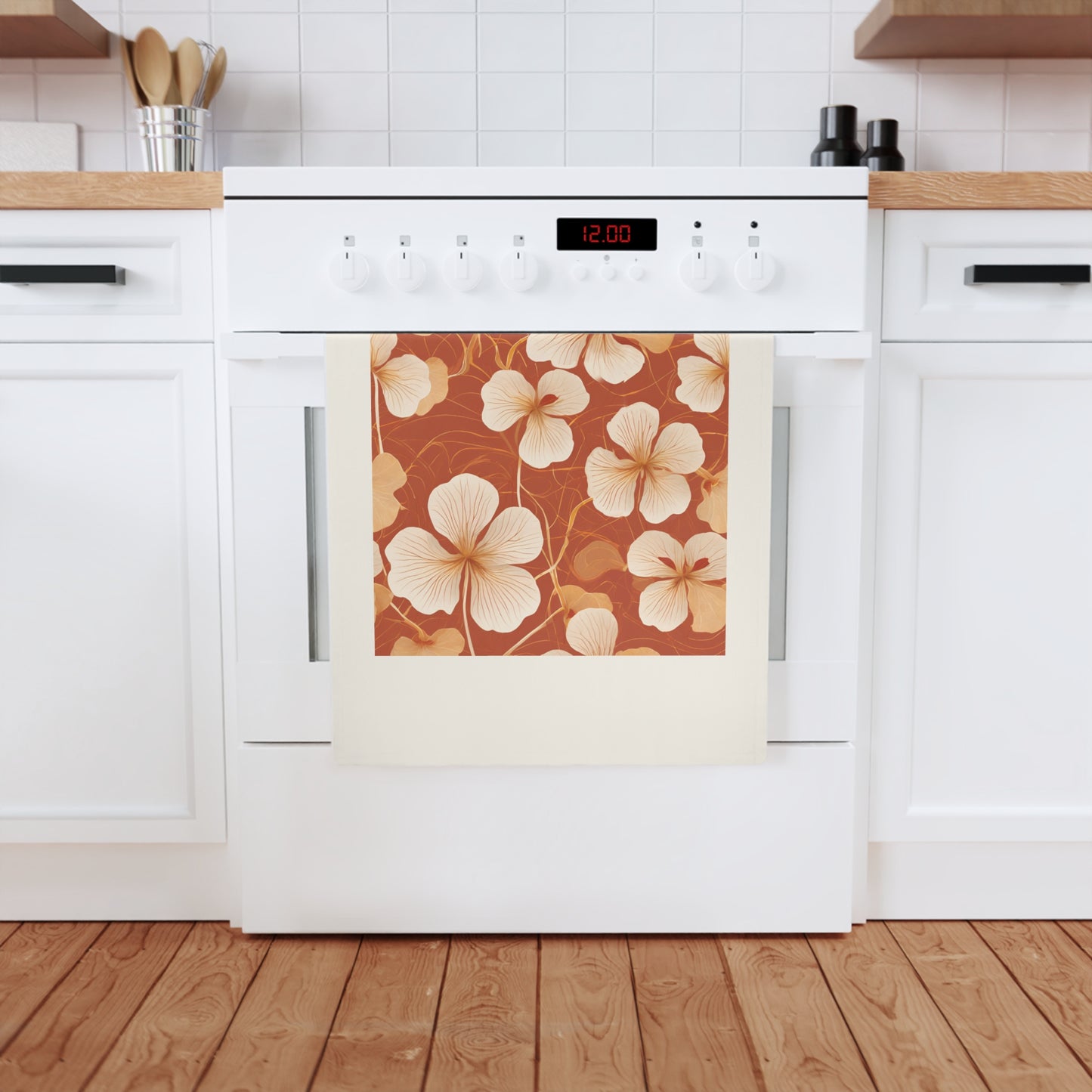 Leaves and Petals in Shades of Ochre Cotton Tea Towel