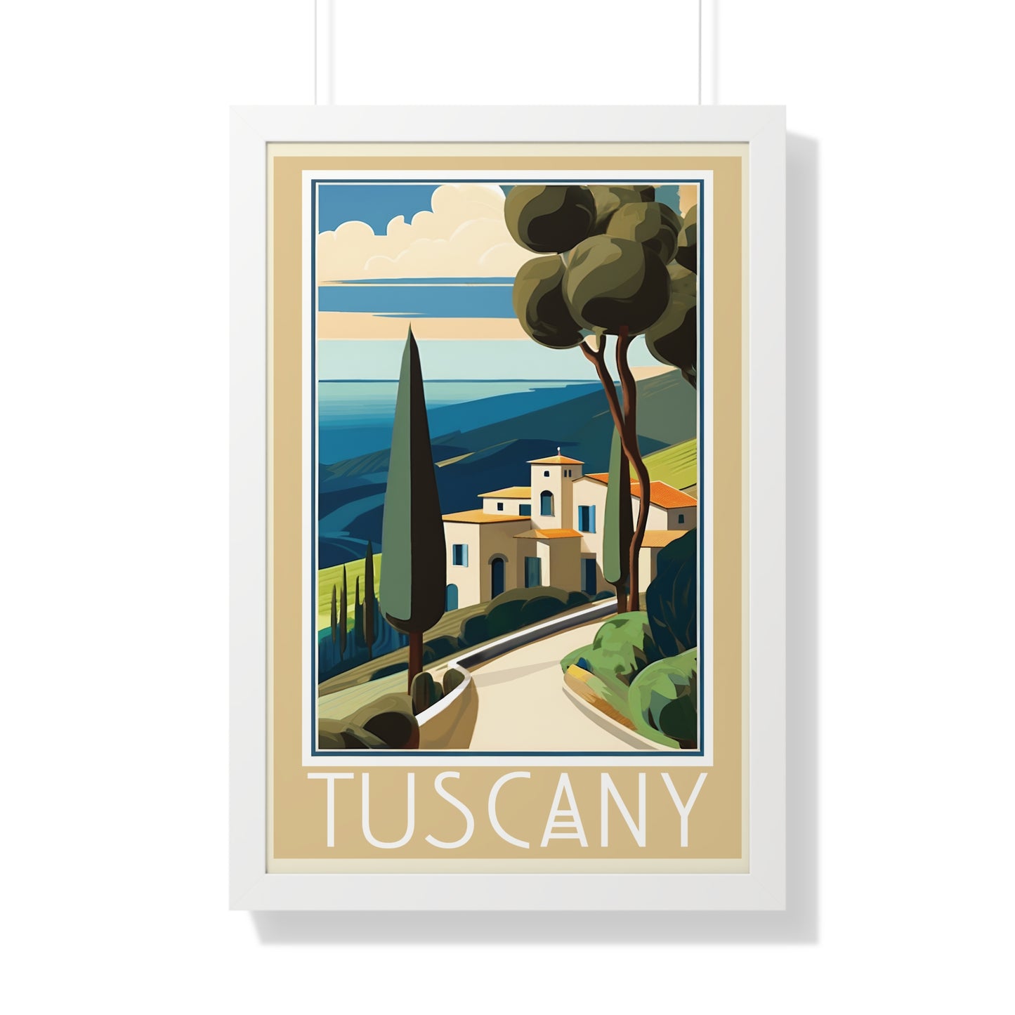 Tuscany Hillside, Italy Travel Poster, Art-Deco, Framed Vertical Poster