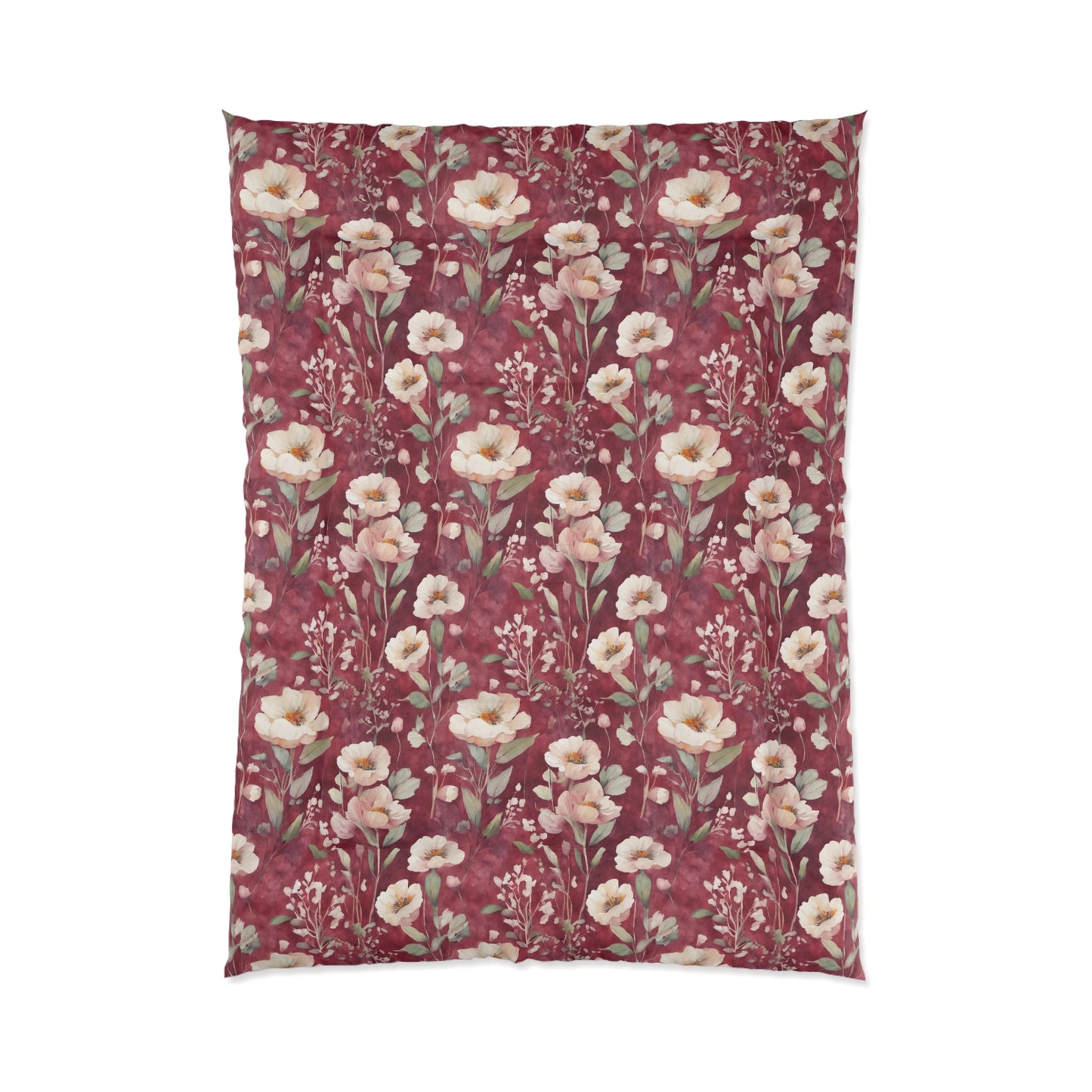 White Roses on Plum Red Comforter