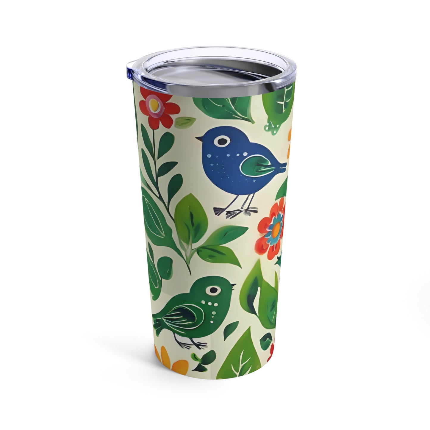 Bright Birds, Bright Green Leaves, Bright Flowers, Folk Art Tumbler 20oz