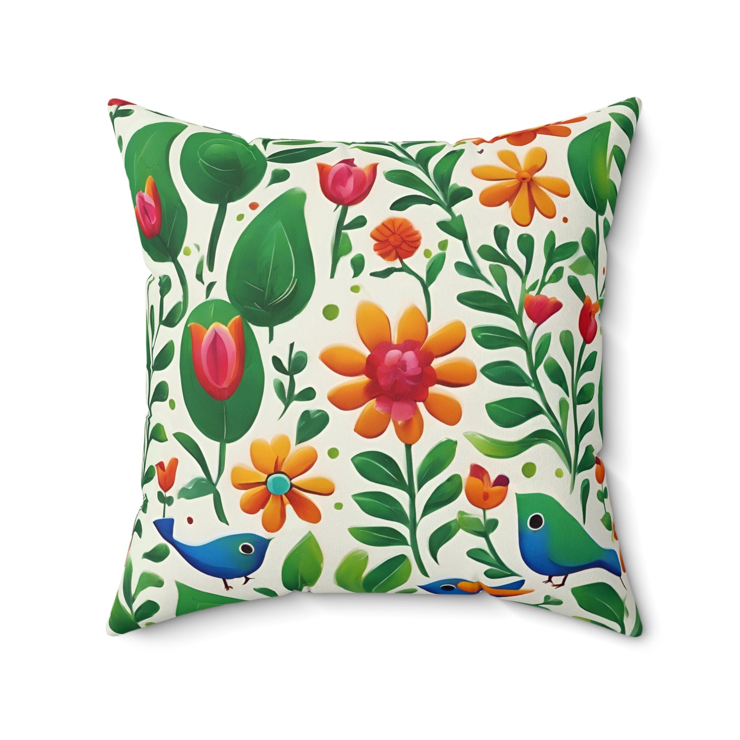 Bright Garden Birds, Leaves and Flowers Polyester Square Pillow