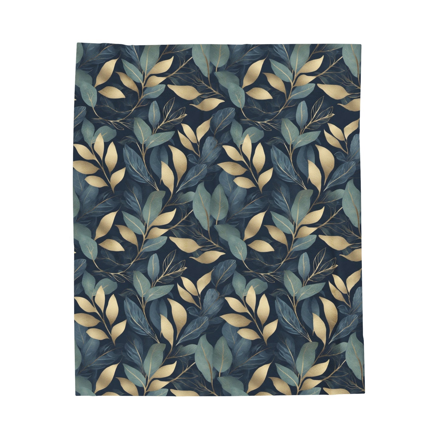 Green, Gold and Teal Leaves on Indigo Velveteen Plush Blanket