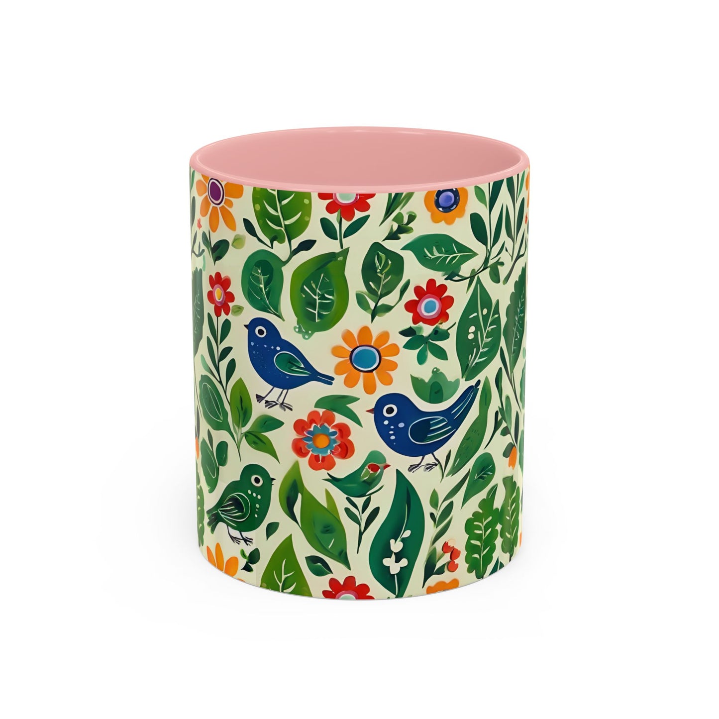 Bright Birds, Bright Green Leaves, Bright Flowers, Folk Art Coffee Mug, 11oz