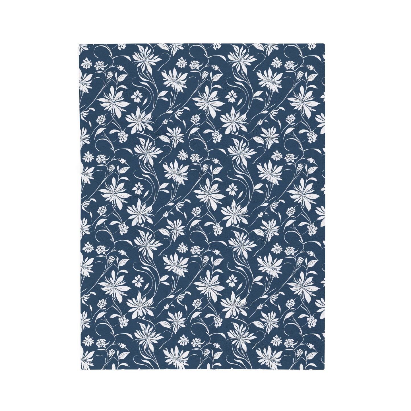 Simple White Flower on Indigo Pattern Velveteen Plush Blanket