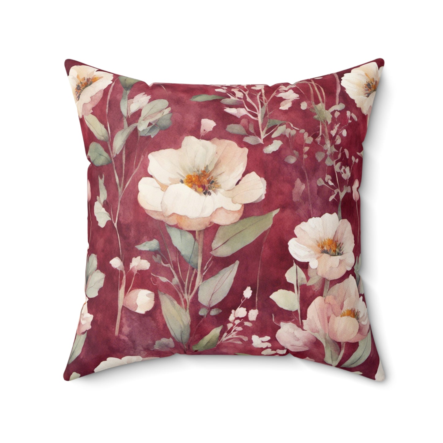 White Roses on Plum Red Polyester Square Pillow