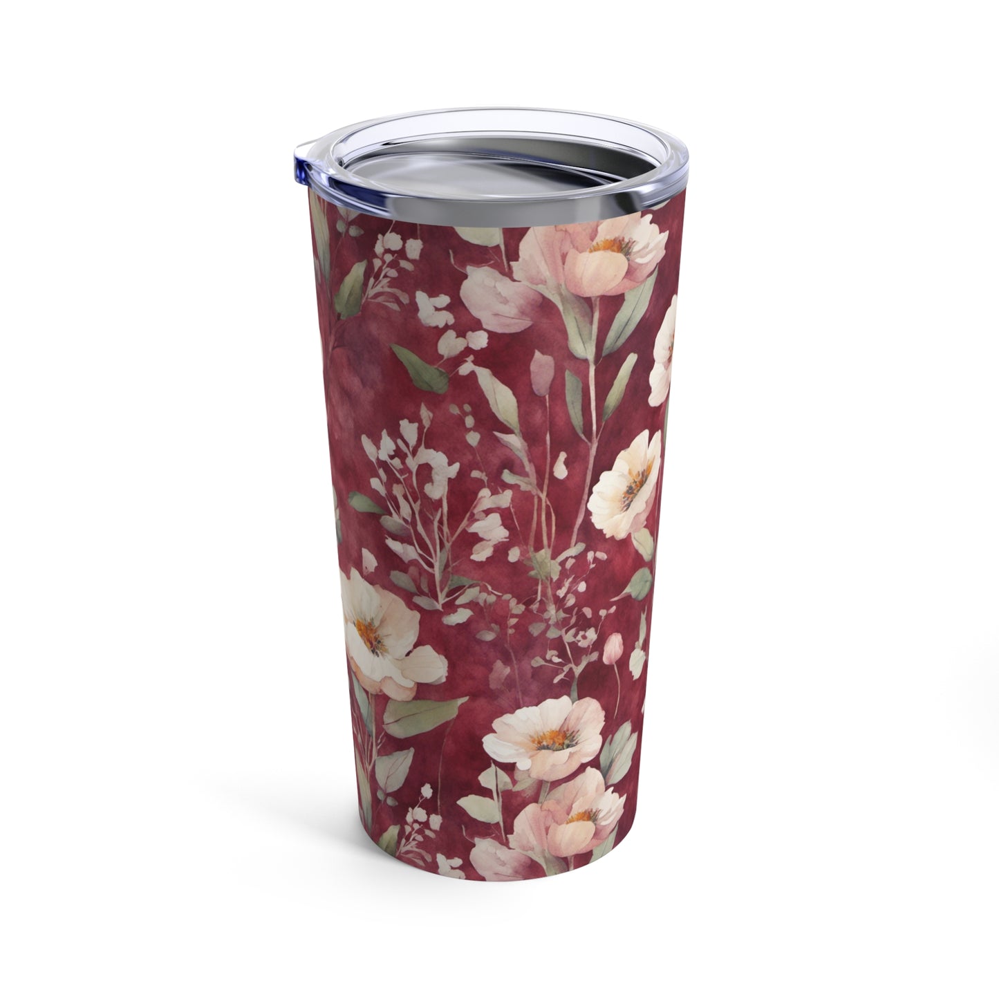 White Roses on Plum Red Tumbler 20oz