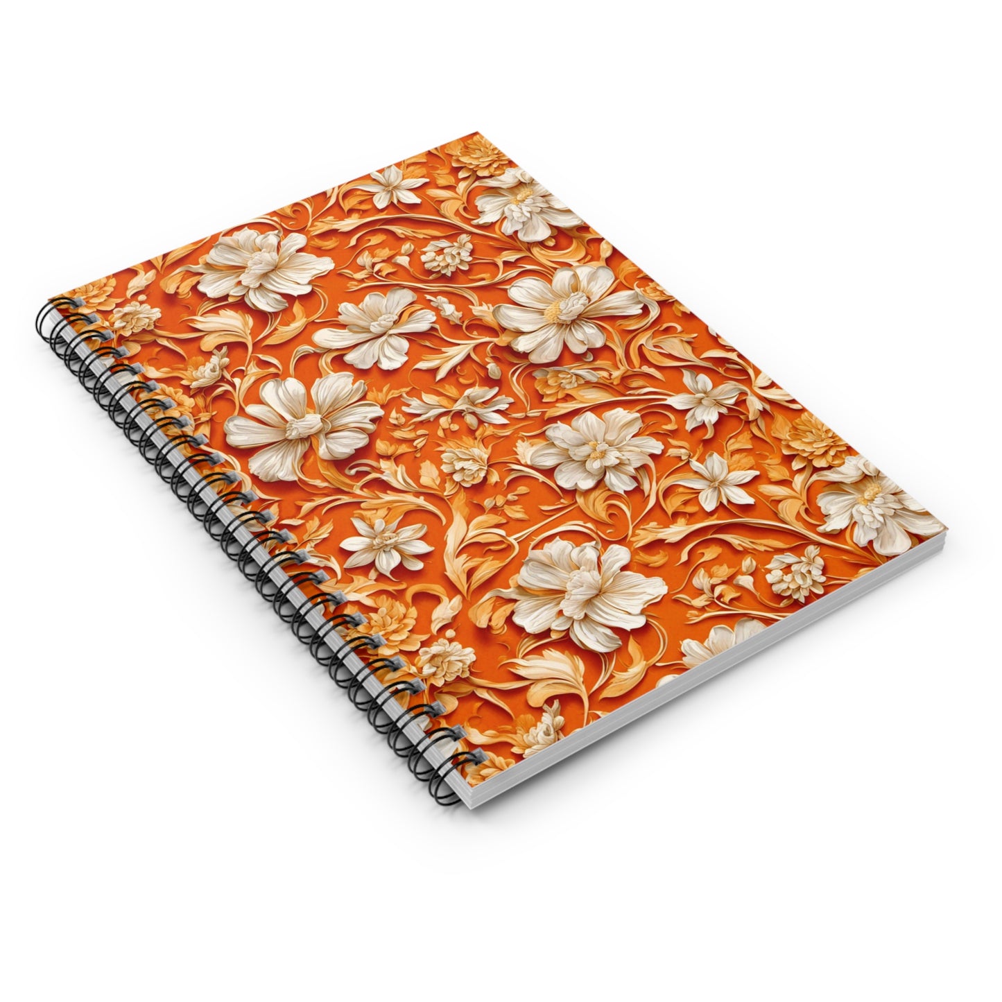 White Flowers on Apricot Spiral Notebook - Ruled Line