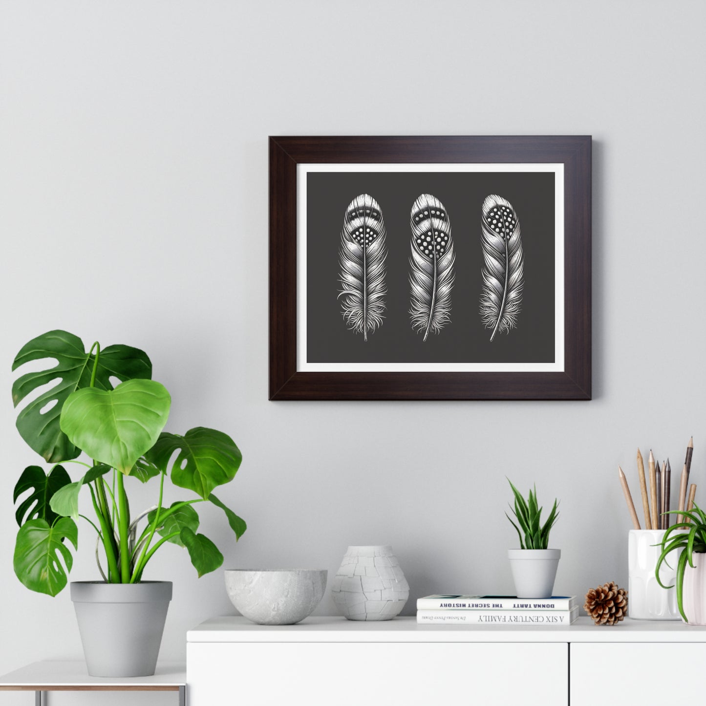 Black and White Speckled Feathers, Framed Horizontal Poster