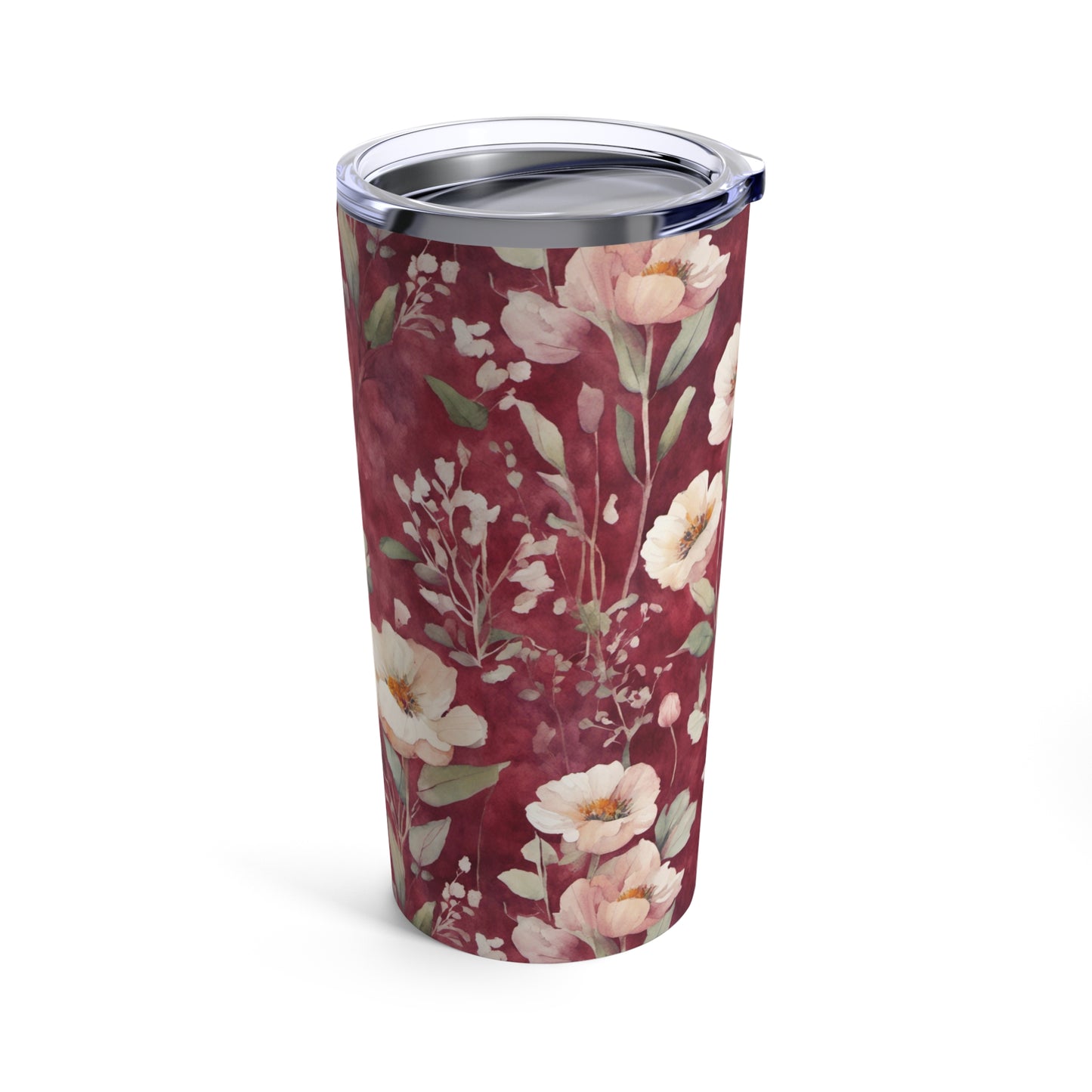 White Roses on Plum Red Tumbler 20oz