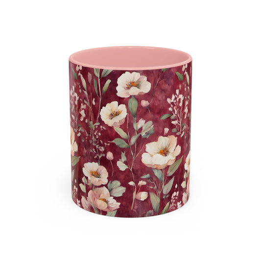 White Roses on Plum Red Coffee Mug, 11oz