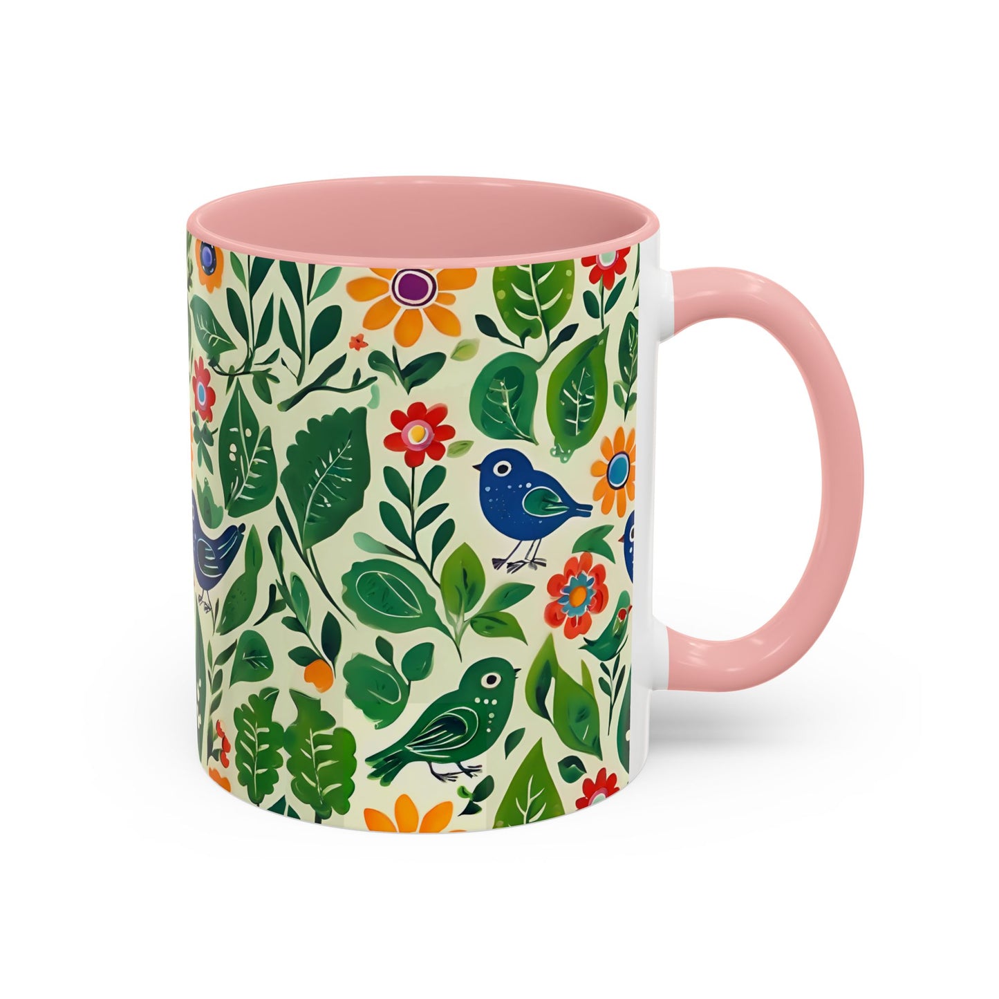 Bright Birds, Bright Green Leaves, Bright Flowers, Folk Art Coffee Mug, 11oz