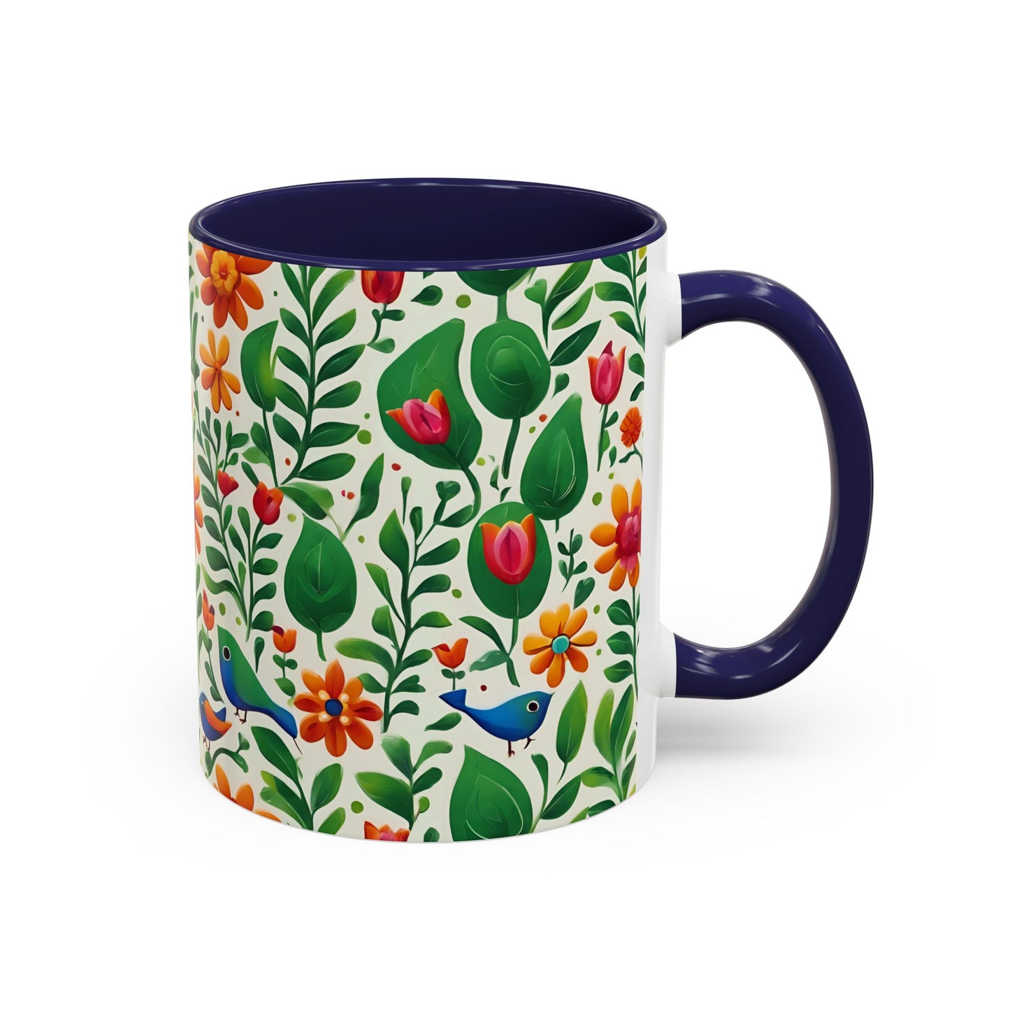 Bright Garden Birds, Leaves and Flowers Coffee Mug, 11oz